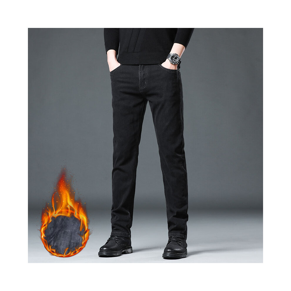 (black, 31) Men's Fleece Elastic Jeans Thick Warm Slim Fit Business Trousers Classic Solid Color Fashionable High-quality Trend Cozy Pants-image-OPC-PMR88J5-NEW