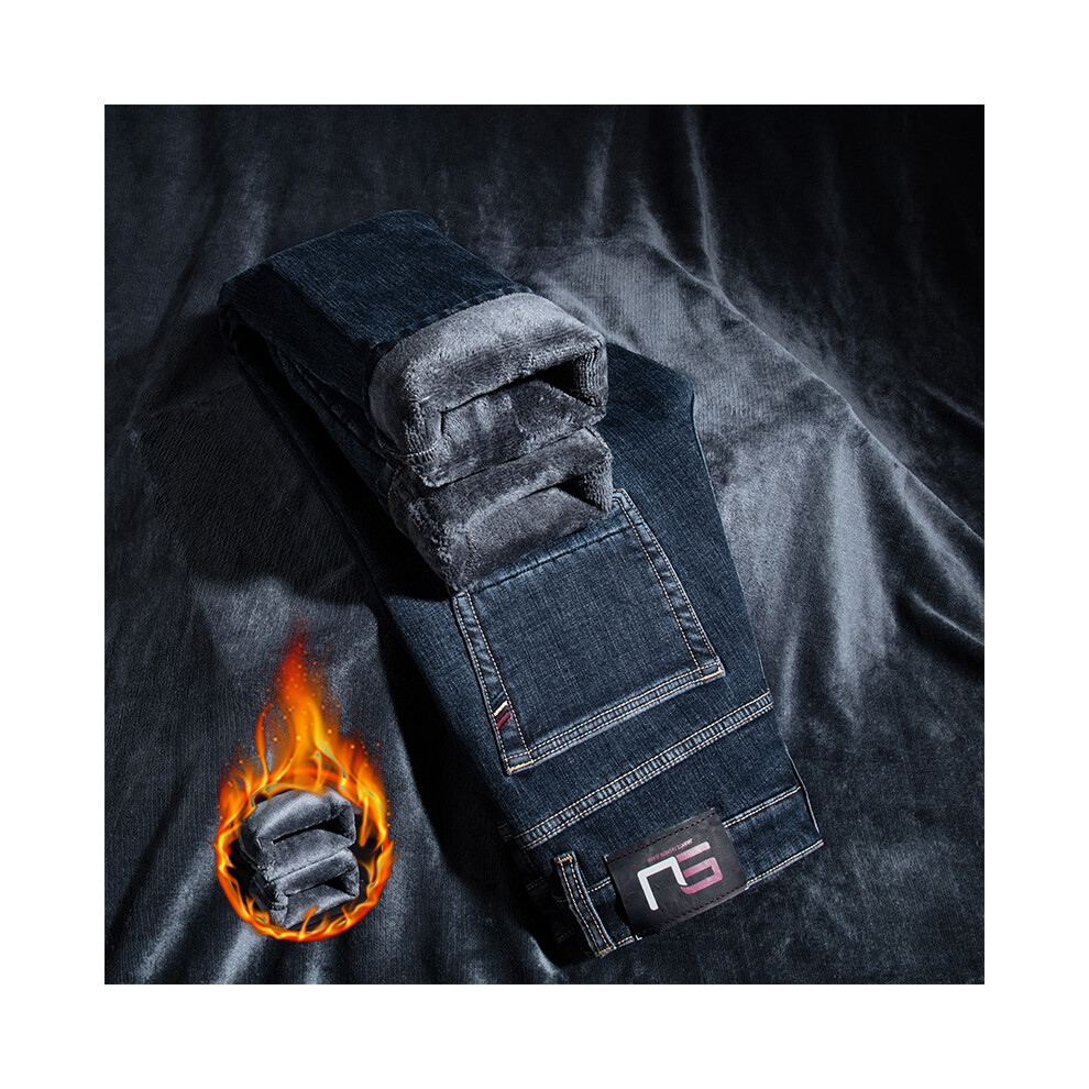 (Dark blue, 28) New Winter Men's Fleece Jeans Korean Version Street Velvet Thickened Warm Slim Fit Denim Pants Business Casual Work Brand Pants-image-OPC-PMR88K2-NEW
