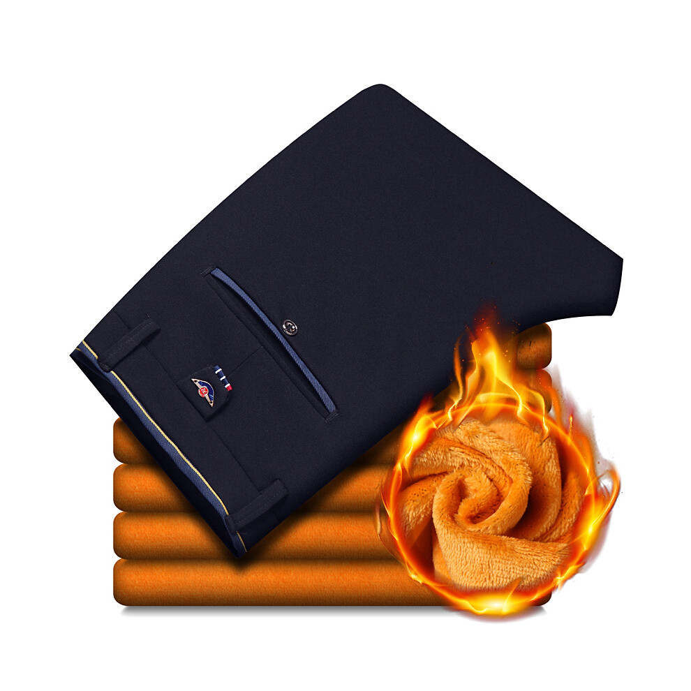 (Blue, 34) 2025 Winter New Thickened Straight Slim Warm Business Casual Office Male Velvet Trousers Classic Men's Fleece Casual Pants-image-OPC-PMR89TZ-NEW