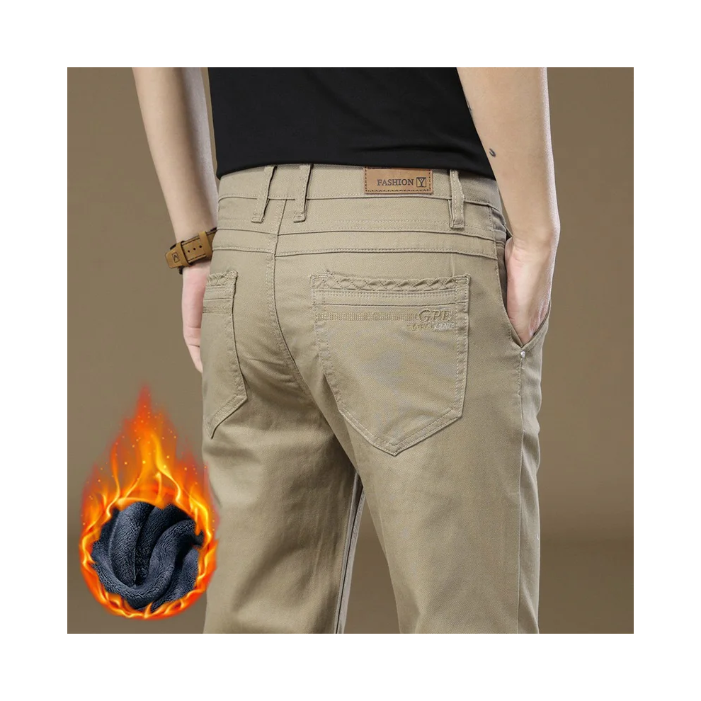 (Khaki, 36) Winter Style Men's 97% Cotton High-quality Fleece Warm Casual Pants for Business Slim Fit Stretch Velvet Thick Black Grey Khaki-image-OPC-PMR8BHG-NEW