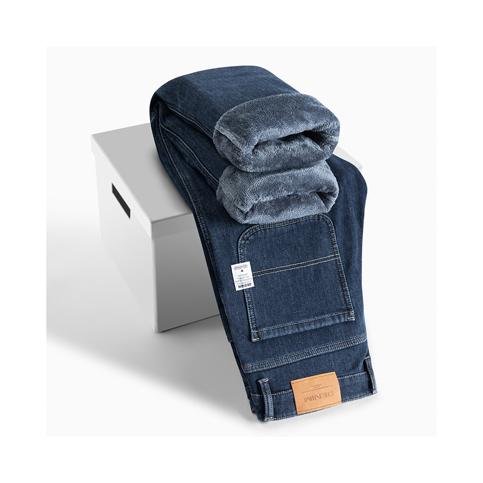 (Blue gray, 29) New Winter Men's Comfortable Wool Jeans, Warm Velvet Thickened Loose Straight Trousers, Business Casual Office Classic Trousers-image-OPC-PMR8BW6-NEW