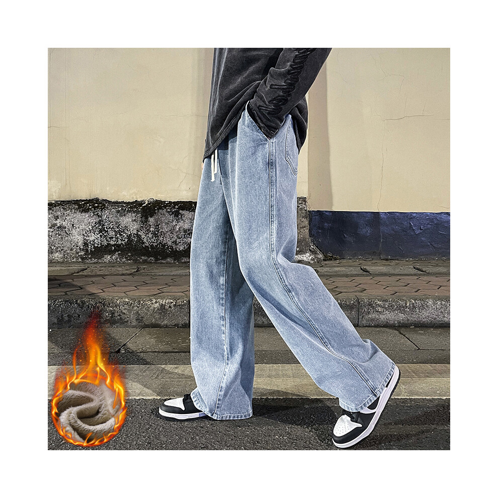 (Light blue, S) Winter Fleece Loose Jeans,  Loose Straight Velvet Warm and Comfortable Elastic Waist Wide Leg Pants Brand Men's Clothing-image-OPC-PMR8BGG-NEW