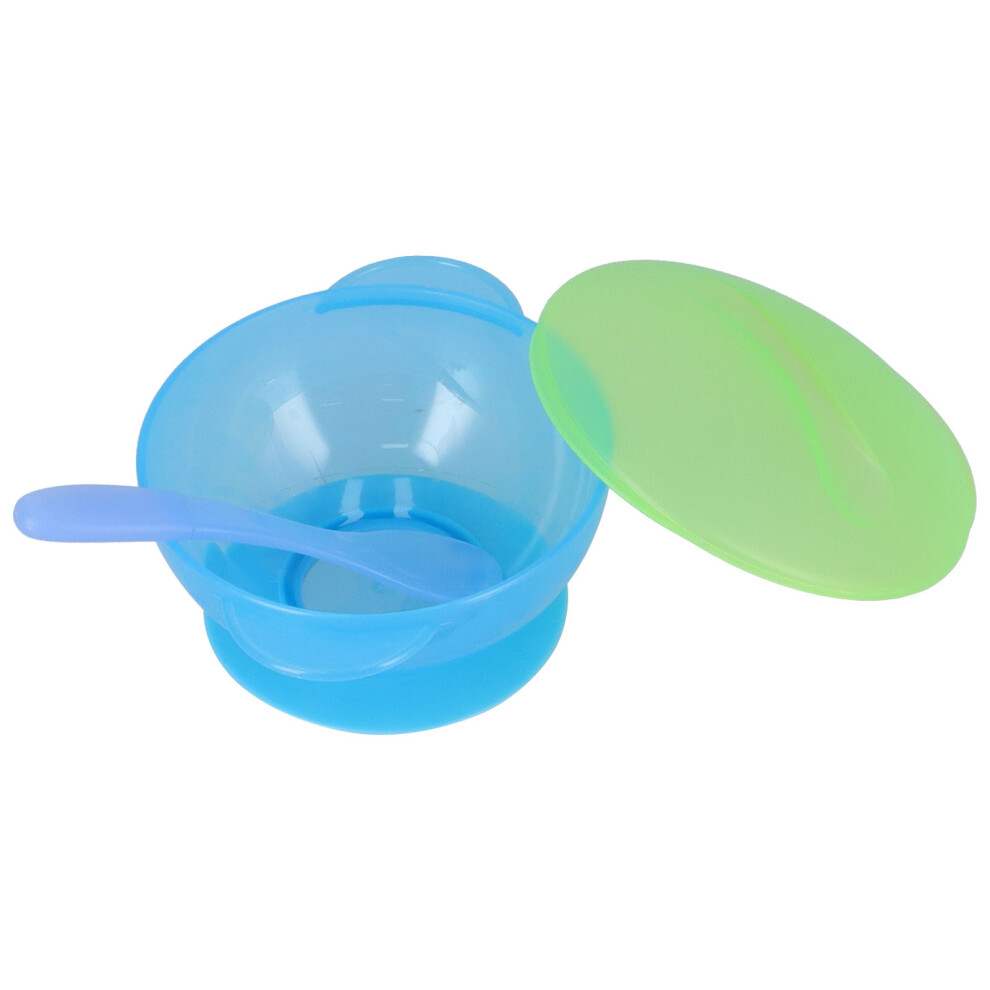 Blue Baby Suction Food Bowl with Lid & Spoon Food Grade PP 8 oz Easy Wash