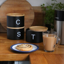 (Black) Harbour Housewares Stacking Tea Coffee Sugar Canister Set with Bamboo Lids Metal Kitchen Storage Caddy Tin