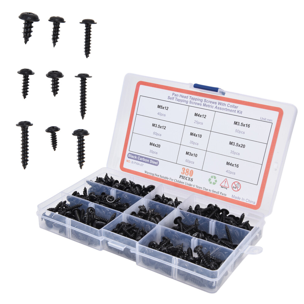 380Pcs Self Tapping Screws Kit Black Carbon Steel Assortment 4091357996883