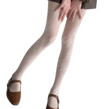 Atmungsaktive Strumpfhose mit floraler Spitzenstruktur-Milchweiß