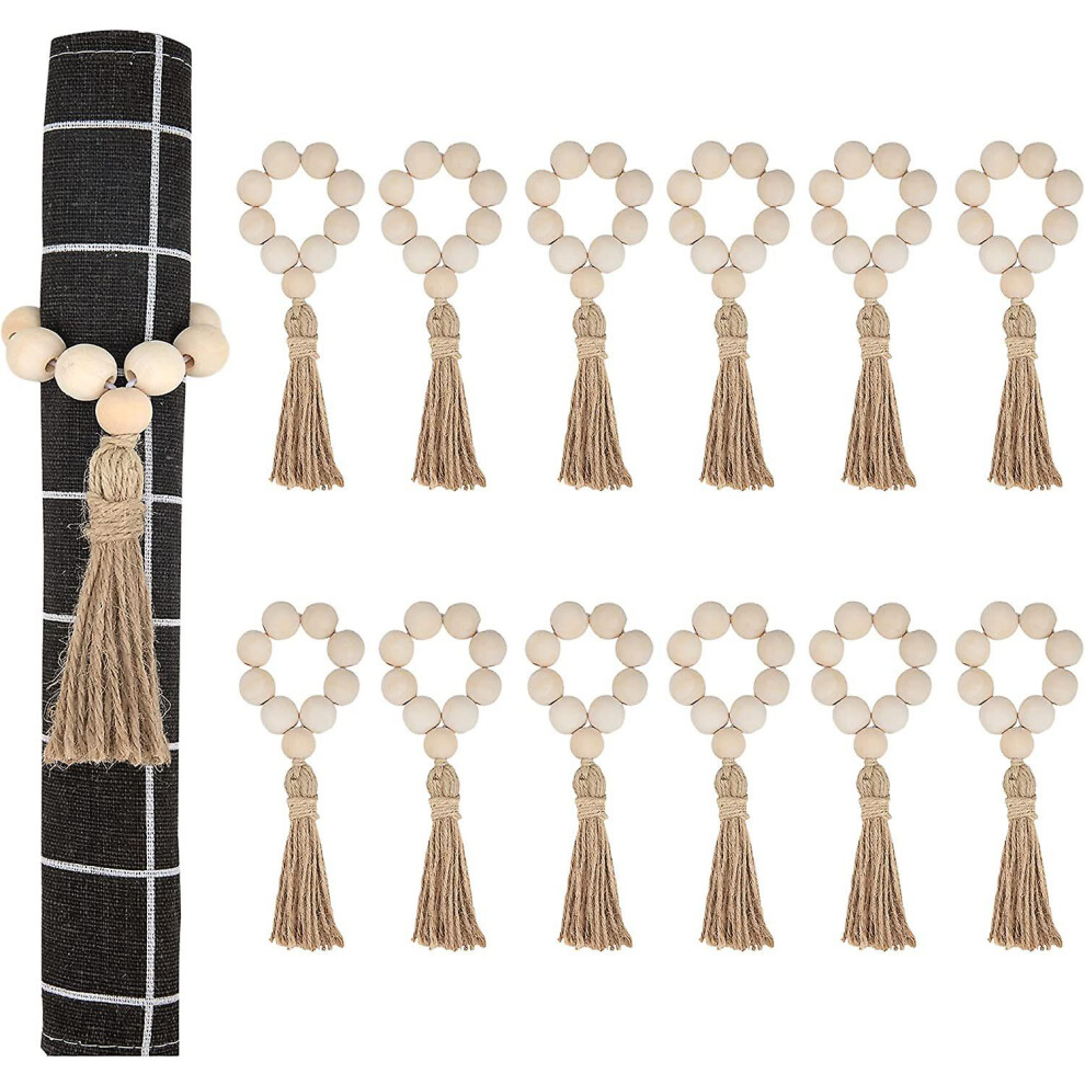 Kikidex (As Show, One Size) Napkin Rings - Tassel Wooden Bead Napkin Rings (12 Pieces)