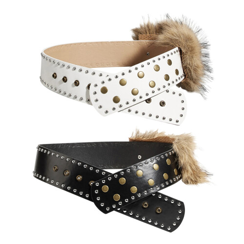 Metal Rivets Decorated Belt Adjustable PU Leather Gothic-White 1