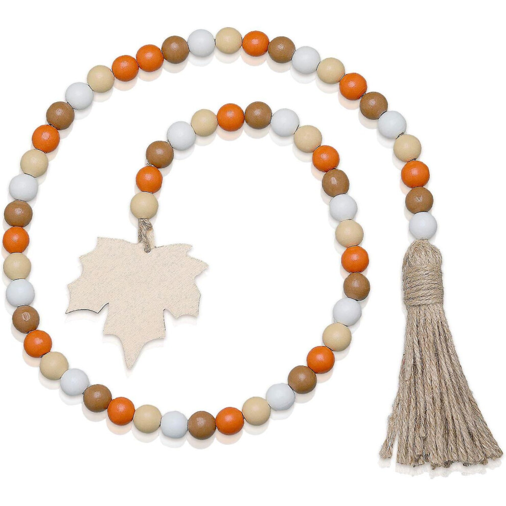 Kikidex (As Show, One Size) Halloween Wooden Bead Garland Wreath With Tassel, Decorated With Maple Leaves And Pumpkin Beads For Halloween Thanksgivi