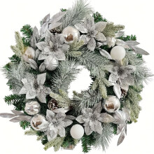 (50.8cm) 20-Inch Large Christmas Wreath with White & Clear Spherical Ornaments, Pinecone & Poinsettia Flowers - Elegant Front Door, Window