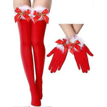 (As show, One size) Christmas Bow Red Thigh High Stockings and Bow Red Gloves Christmas Costume Red Gloves Socks Outfit for Women