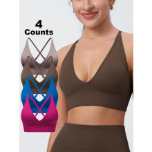 (Set2, M) Women's Solid Criss Cross Backless Padded Sports Bra, Pickleball & Tennis Clothes, Adjustable Strap Sports Bra, Ladies Sportswear for