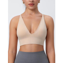 (Apricot, XS) Women's Solid Criss Cross Backless Padded Sports Bra, Pickleball & Tennis Clothes, Adjustable Strap Sports Bra, Ladies Sportswear for