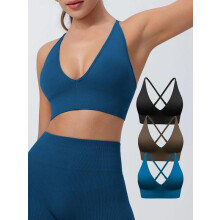 (Multicolor8, M) Women's Solid Criss Cross Backless Padded Sports Bra, Pickleball & Tennis Clothes, Adjustable Strap Sports Bra, Ladies Sportswear for