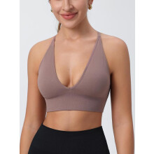 (Fawn Brown, L) Women's Solid Criss Cross Backless Padded Sports Bra, Pickleball & Tennis Clothes, Adjustable Strap Sports Bra, Ladies Sportswear for