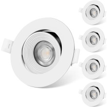 White Recessed LED Ceiling Spotlights - Set of 5 Adjustable 6W Flat Mount Downlights 230V Direct Connection for Living Room & Office