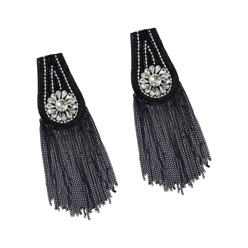 Black Rhinestones Shoulder Epaulette Metal Tassels Fringed
