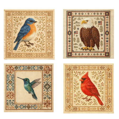 Ready To Stitching Bird Designs Set Print Fabric Detailed-D 1