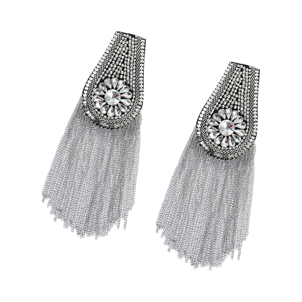Silver Fringed Rhinestones Epaulettes Metallic Tassels Shoulder