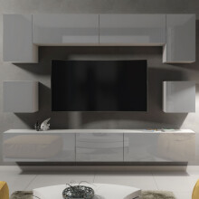 Panorama Wall TV Unit - White & Grey Gloss Doors