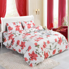 (Spring Red, King) 4 Piece Bedding Set Duvet Cover Fitted Sheet with Pillow Cases Soft Brushed Microfibre Printed Complete Bed Sets in Single Double
