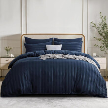 (Navy, Double) Classic Satin Stripe Duvet Cover Set with Pillowcase Soft Breathable Flat Weave Double Grey Bedding Sets, Solid Pattern, Hypoallergenic