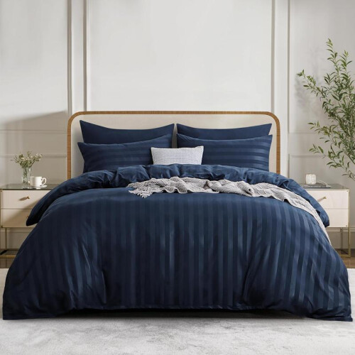 (Navy, Double) Classic Satin Stripe Duvet Cover Set with Pillowcase Soft Breathable Flat Weave Double Grey Bedding Sets, Solid Pattern, Hypoallergenic