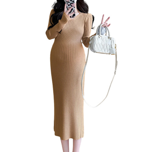 Umstandspulloverkleid mit V-Ausschnitt, elegantes,-Khaki XL