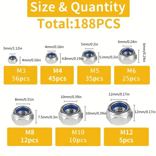 Steel Hex Nut 188 Pieces Multiple Size Assortment 3MM 12MM 2