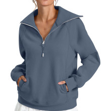 Women's loose fleece hoodie with half zipper and-dark blue XXL