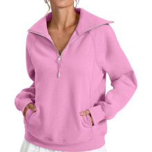 Women's loose fleece hoodie with half zipper and-Pink XL