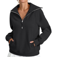 Women's loose fleece hoodie with half zipper and-Black S