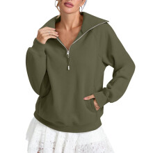 Women's loose fleece hoodie with half zipper and-Army Green XXL