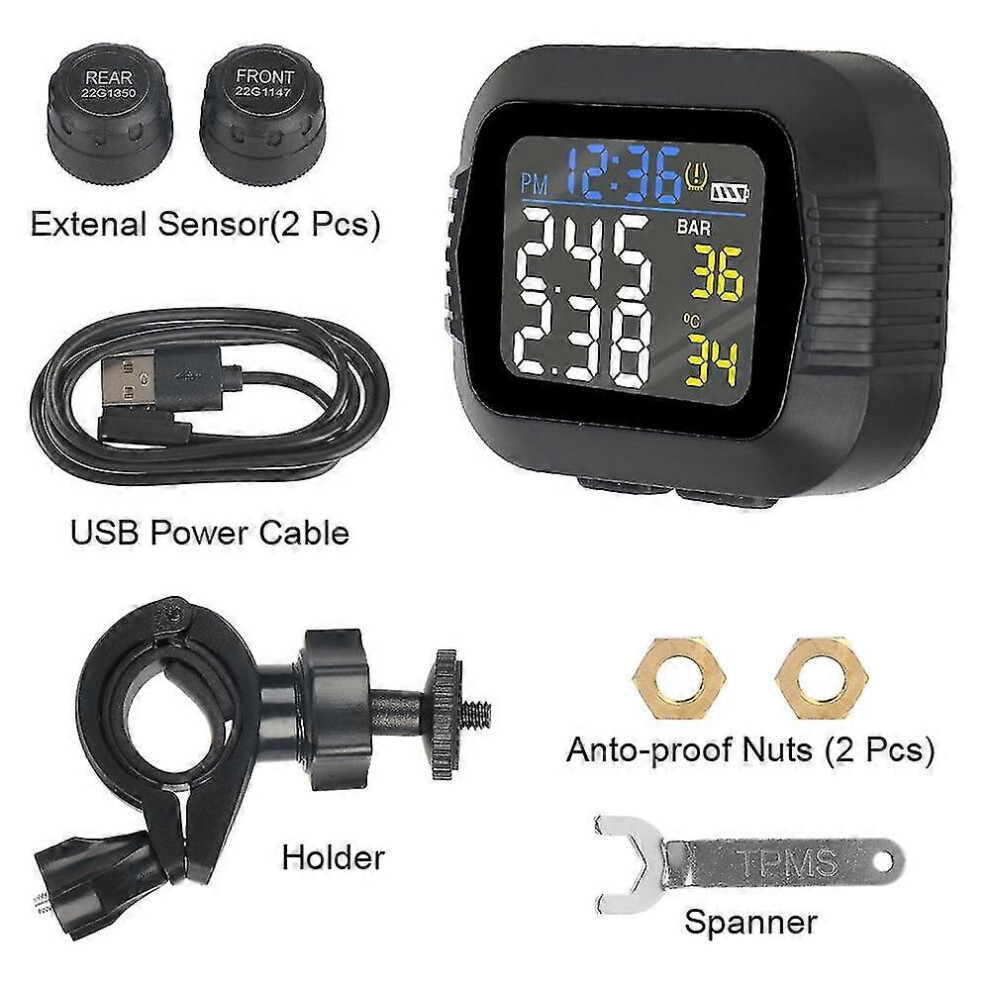Kikidex (As Show, One Size) With 2 External Sensors Lcd Colorful Display Temperature Alarm Tire Pressure Monitoring System Real Time Motorcycle Tpms