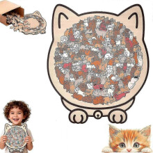 (Maillard Color)135-Piece Cat Shaped Wooden Jigsaw Puzzle, Cat Outline Design Puzzles for Home Decor & Cat Lovers Gift
