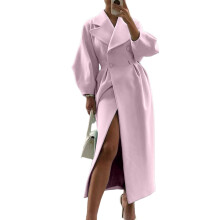 Women's double-breasted long pea coat with lapel,-Pink L