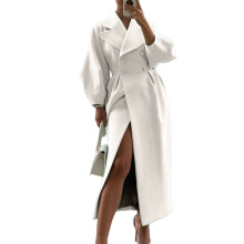 Women's double-breasted long pea coat with lapel,-White XL