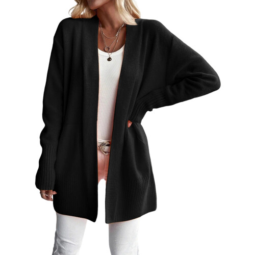 Women's Long Knitted Solid Color Cardigan-Black XXL