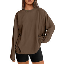Women's Loose Long-Sleeve T-Shirt, Basic Crew Neck-brown S