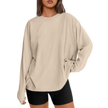 Women's Loose Long-Sleeve T-Shirt, Basic Crew Neck-apricot L