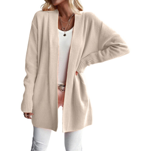 Women's Long Knitted Solid Color Cardigan-Beige XL