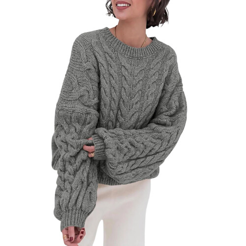 Women's chunky knit soft loose round neck pullover-Gray L
