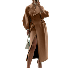 Women's double-breasted long pea coat with lapel,-Camel L