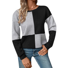 Women's Loose-fitting Long-sleeved Color Block Textured-Black S