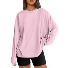 Women's Loose Long-Sleeve T-Shirt, Basic Crew Neck-Pink M