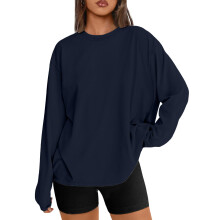 Women's Loose Long-Sleeve T-Shirt, Basic Crew Neck-Navy blue S