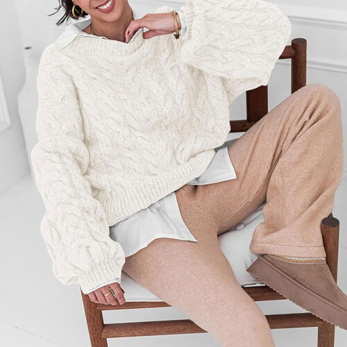 Women's chunky knit soft loose round neck pullover-Gray L 2