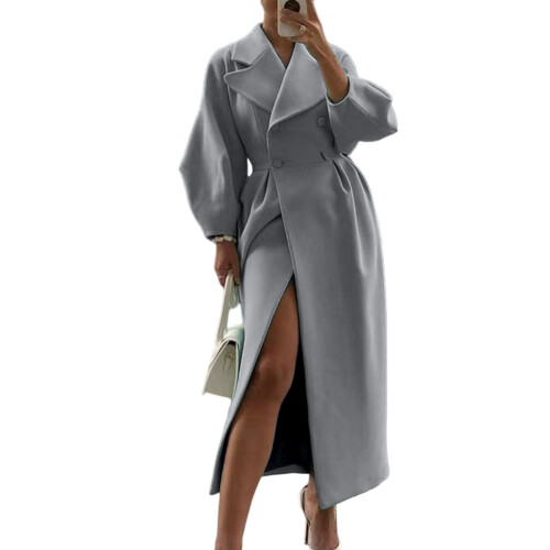 Women's double-breasted long pea coat with lapel,-Gray M