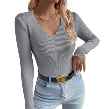 Women's loose long-sleeved V-neck knitwear-Gray M