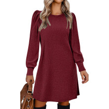 Women's Knit Dress with Puff Sleeves for Fall &-Burgundy M
